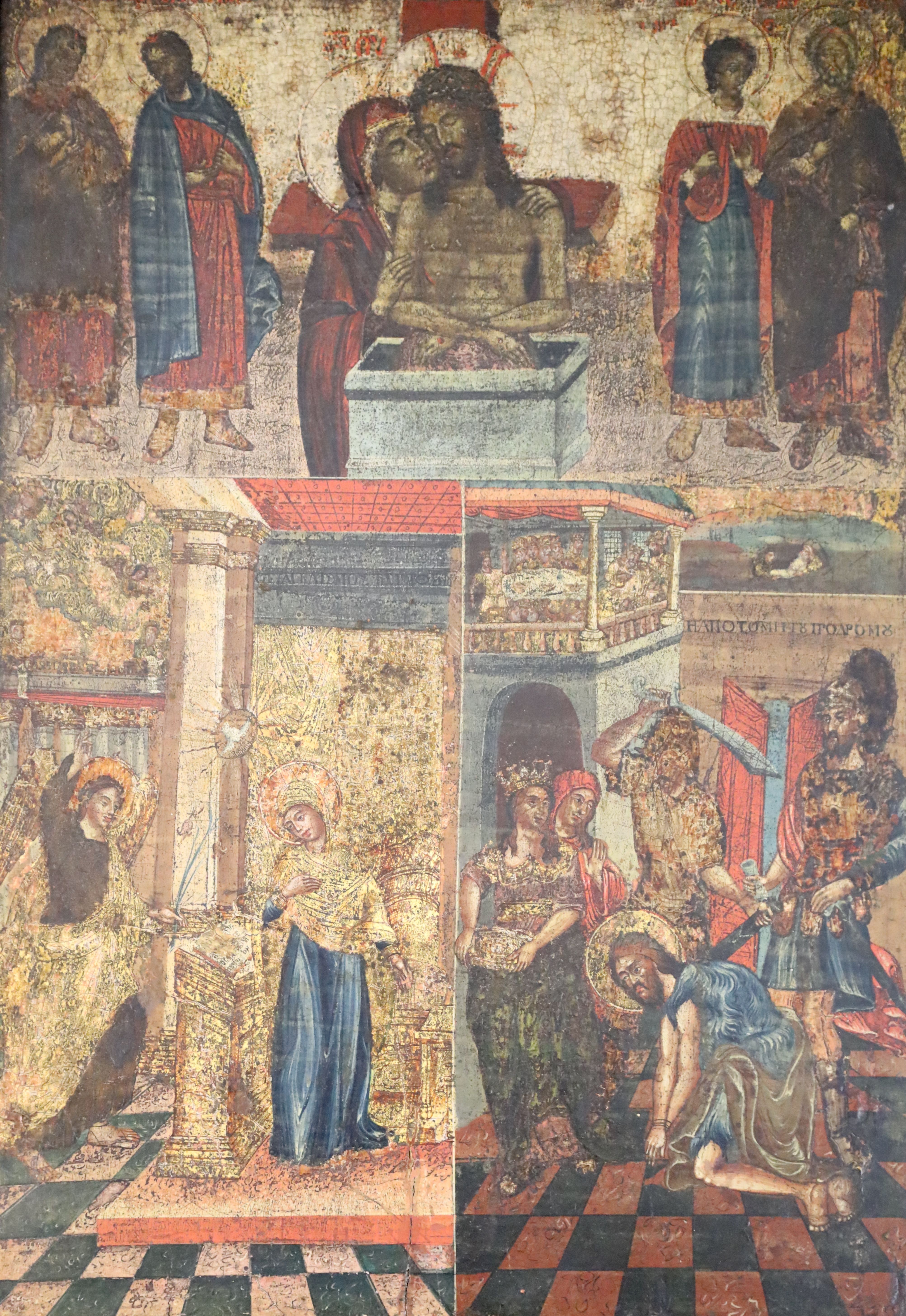 An 18th/19th century Greek tempera on wooden panel icon, 27.75 x 19.75in.
